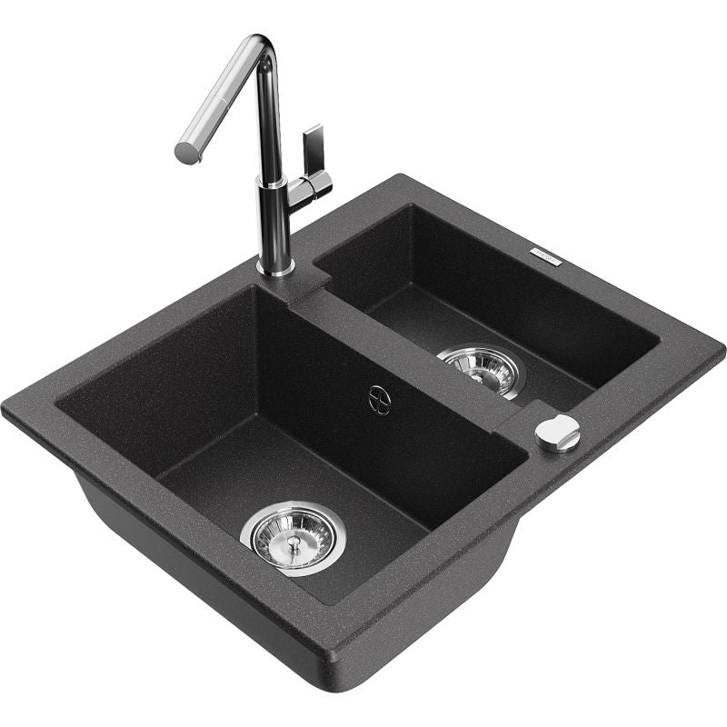 Mexen Carlos granitvask 1,5-kammer med Flora køkkenarmatur, sort med prikker, komplet sæt