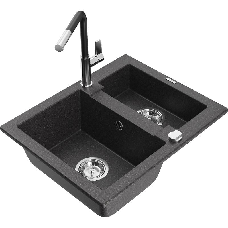 Granitsæbe 1,5-kammer Mexen Carlos med Flora køkkenarmatur, sort prikket, 1 sæt