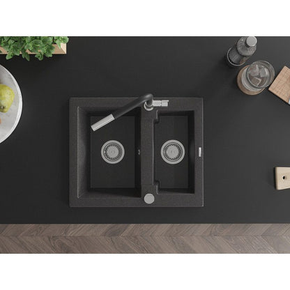 Granitsæbe 1,5-kammer Mexen Carlos med Flora køkkenarmatur, sort prikket, 1 sæt