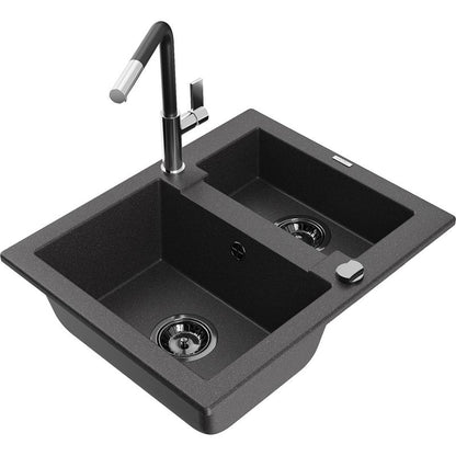 Granitsænke 1,5-kammers Mexen Carlos med Flora køkkenarmatur, sort med prikker, 1 sæt