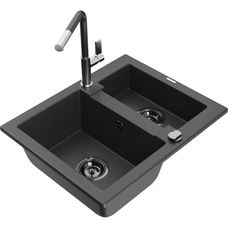 Granitsænke 1,5-kammer Mexen Carlos med Flora køkkenarmatur, sort med prikker, 1 sæt
