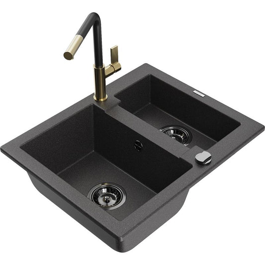 Granitsænke Mexen Carlos 1,5-kammers med Flora køkkenarmatur, sort med prikker, komplet sæt