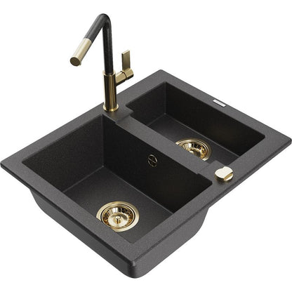 Granitsænke 1,5-kammer Mexen Carlos med Flora køkkenarmatur, sort med prikker, 1 sæt