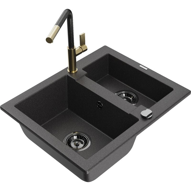 Granitsænke Mexen Carlos 1,5-kammer med Flora køkkenarmatur, sort med prikker, komplet sæt