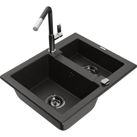 Granitsænke 1,5-kammer Mexen Carlos med Flora køkkenarmatur, sort/guld metalik, 1 sæt