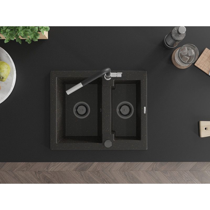 Granitsænke 1,5-kammer Mexen Carlos med Flora køkkenarmatur, sort/guld metalik, 1 sæt