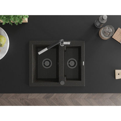 Granitsænke 1,5-kammer Mexen Carlos med Flora køkkenarmatur, sort/guld metalik, 1 sæt