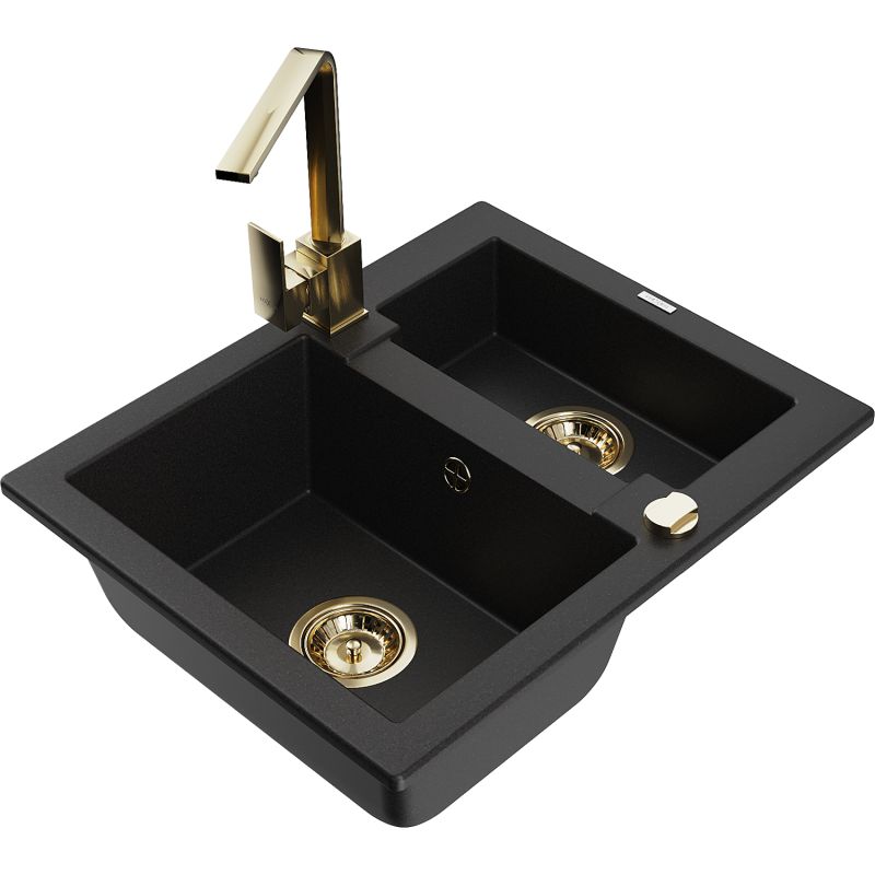 Granitsænke 1,5-kammer Mexen Carlos med køkkenarmatur Rita i sort, 1 sæt