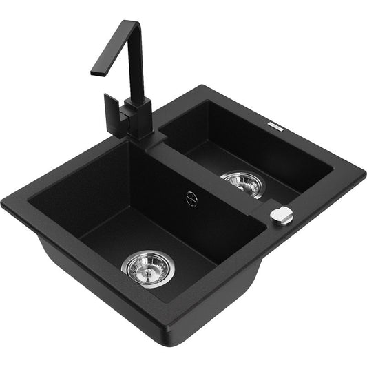 Granitsænke 1,5-kammer Mexen Carlos med sort køkkenarmatur Rita, 1 sæt