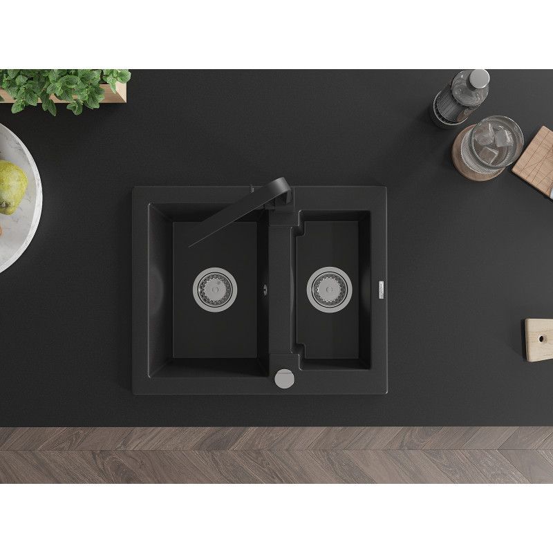 Granitsænke 1,5-kammer Mexen Carlos med sort køkkenarmatur Rita, 1 sæt