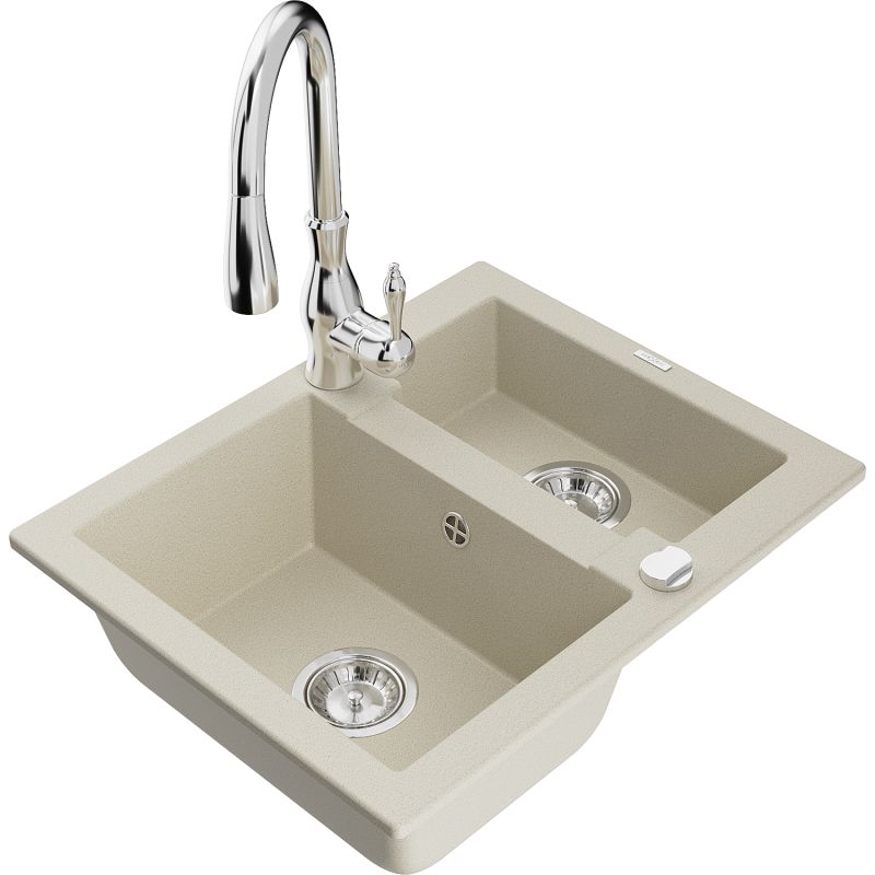Granitsænk 1,5-kammers Mexen Carlos med Savita køkkenarmatur i beige, 1 sæt