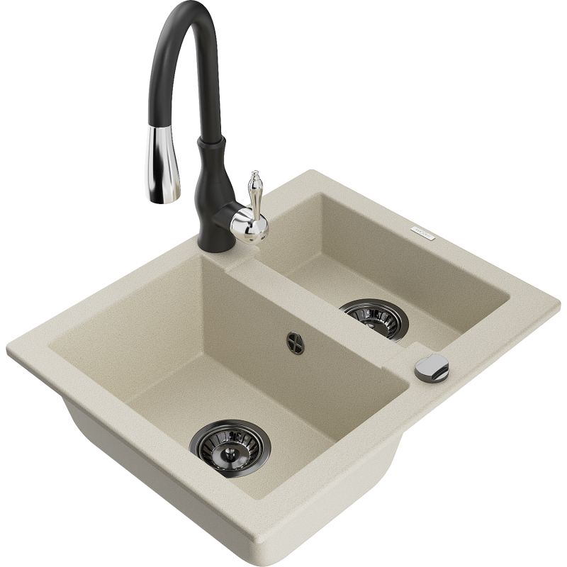 Granitvask 1,5-kammers Mexen Carlos med Savita køkkenarmatur i beige, 1 sæt