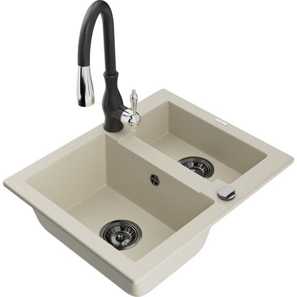 Granitvask 1,5-kammers Mexen Carlos med Savita køkkenarmatur i beige, 1 sæt