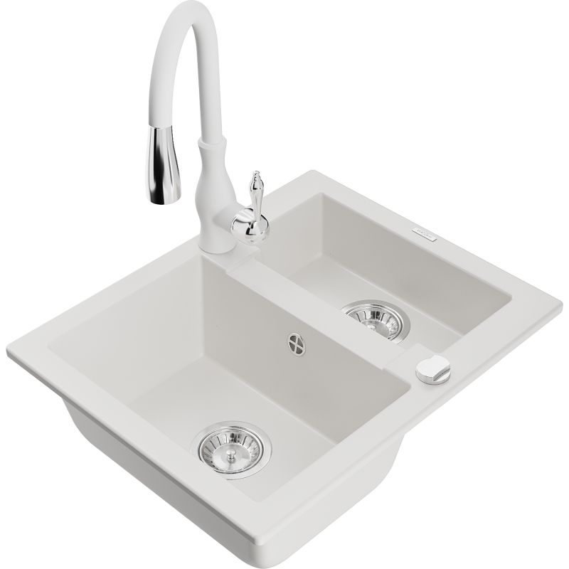 Granitsænke 1,5-kammers Mexen Carlos med Savita køkkenarmatur, hvid, 1 sæt