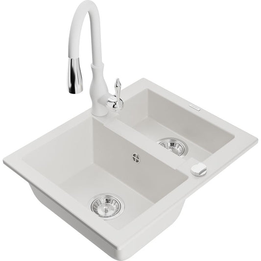 Granitsænke 1,5-kammers Mexen Carlos med Savita køkkenarmatur, hvid, 1 sæt