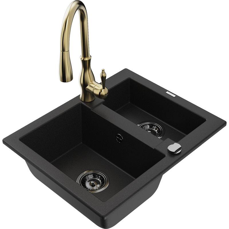 Granitsænke 1,5-kamret Mexen Carlos med Savita køkkenarmatur i sort, 1 sæt