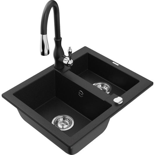 Granitsæbe 1,5-kammer Mexen Carlos med Savita køkkenarmatur i sort, 1 sæt