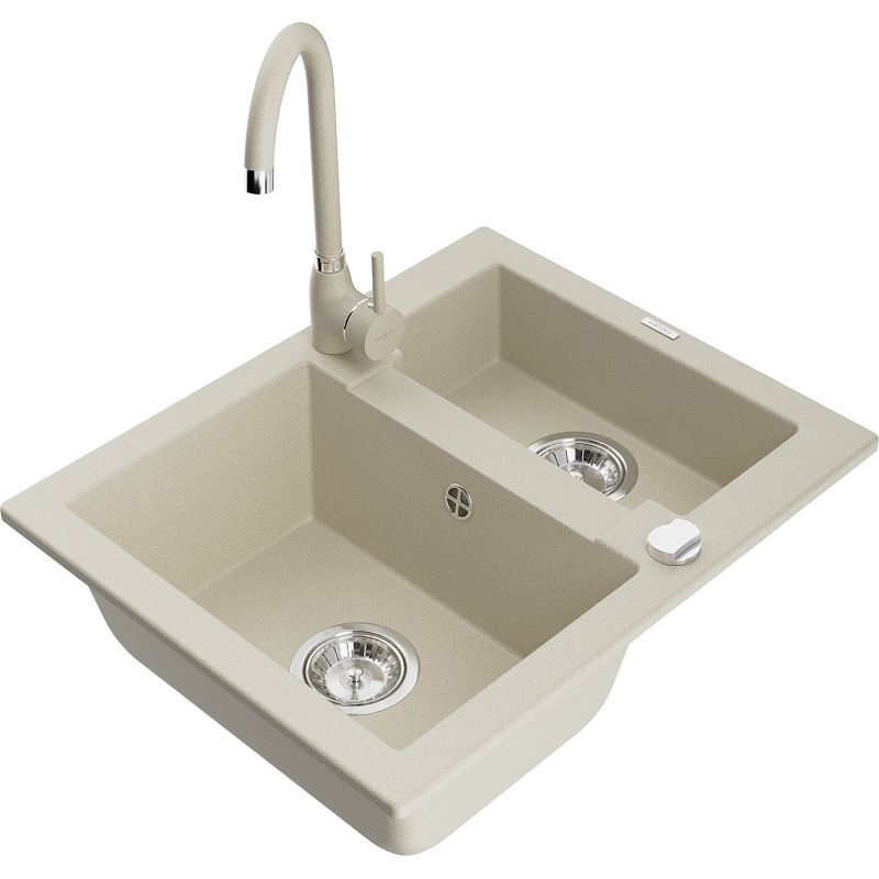 Granitsænke 1,5-kamret Mexen Carlos med Telma køkkenarmatur i beige, komplet sæt