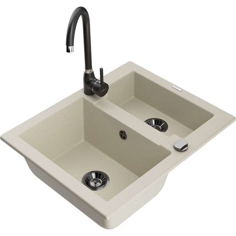 Granitsænke 1,5-kammer Mexen Carlos med Telma køkkenarmatur i beige, 1 sæt