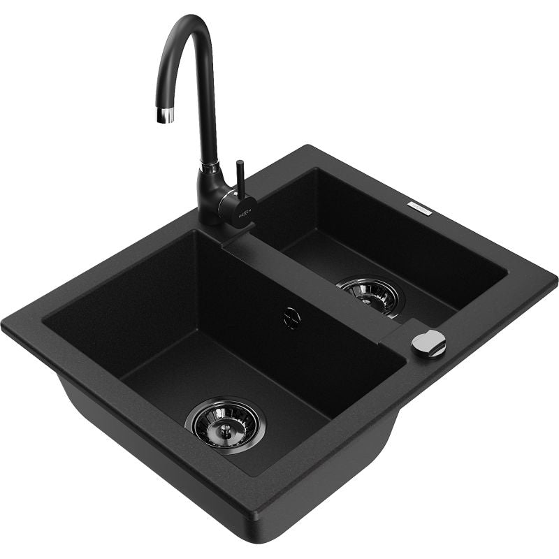 Granitvask 1,5-kammer Mexen Carlos med Telma køkkenarmatur i sort, 1 sæt