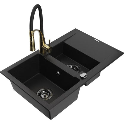 Granitsænke Mexen Gaspar 1,5-kammer med afløbsplade og Aster køkkenbatteri i sort, 1 sæt