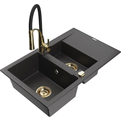 Granitsænke 1,5-kammer Mexen Gaspar med afløbsplade og Aster køkkenarmatur i sort med prikker, 1 sæt