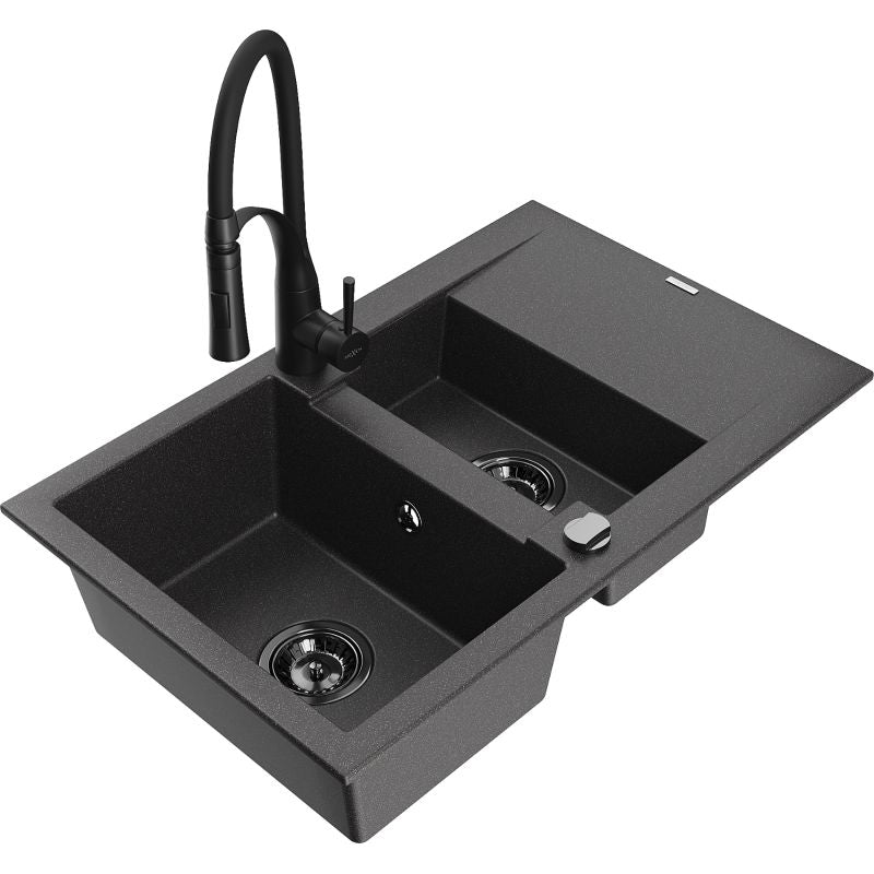 Granitsænke Mexen Gaspar 1,5-kammer med afløbsplade og Aster køkkenarmatur i sort med prikker, 1 sæt