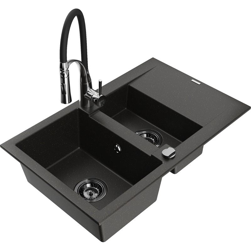 Mexen Gaspar granitvask 1,5-kammers med afløbsplade og Aster køkkenarmatur i sort/guld metalik, 1 sæt