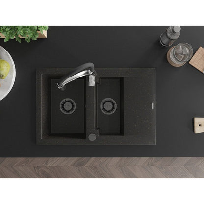 Mexen Gaspar granitvask 1,5-kammers med afløbsplade og Aster køkkenarmatur i sort/guld metalik, 1 sæt
