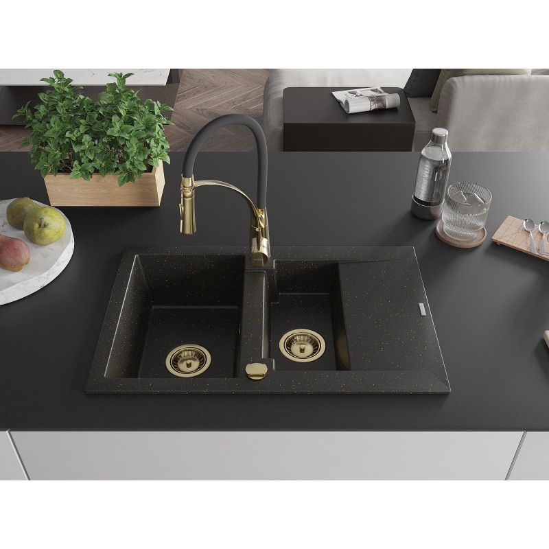 Granitsink 1,5-kammer Mexen Gaspar med afløbsplade og Aster køkkenarmatur i sort/guldmetallic, 1 sæt