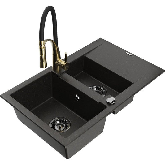 Granitsæbe 1,5-kammers Mexen Gaspar med afløbsplade og Aster køkkenarmatur i sort/guld metalik, 1 sæt