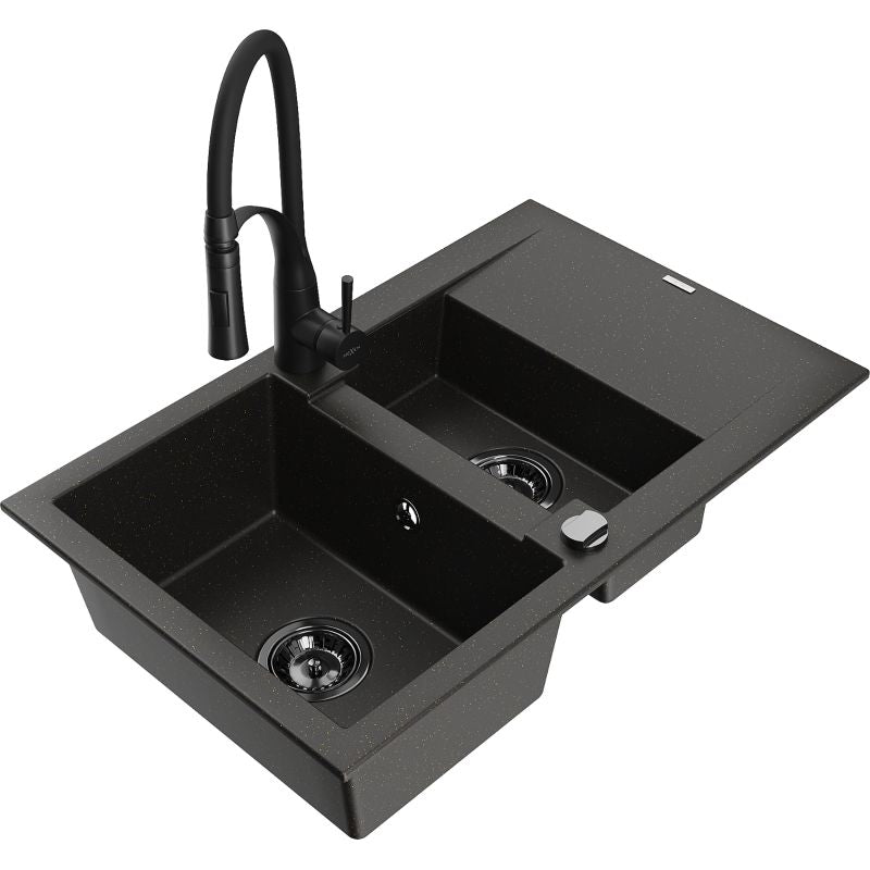 Granitsænke 1,5-kammer Mexen Gaspar med afløbsplade og Aster køkkenarmatur i sort/guld metalik, 1 sæt
