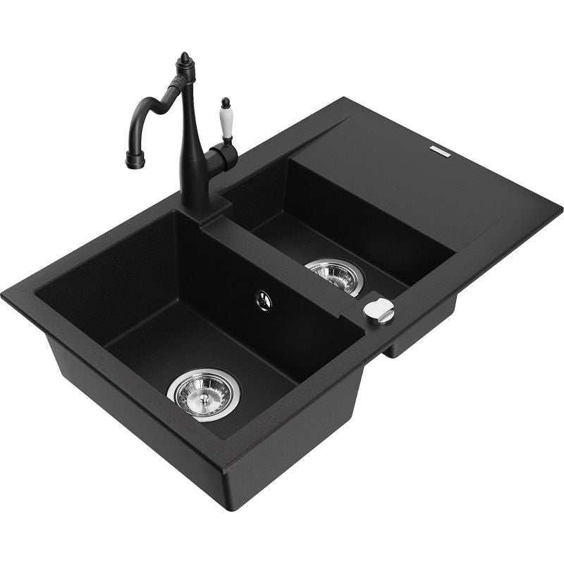 Mexen Gaspar 1,5-kammers granitvask med afløbsplade og Carla køkkenarmatur i sort, 1 sæt