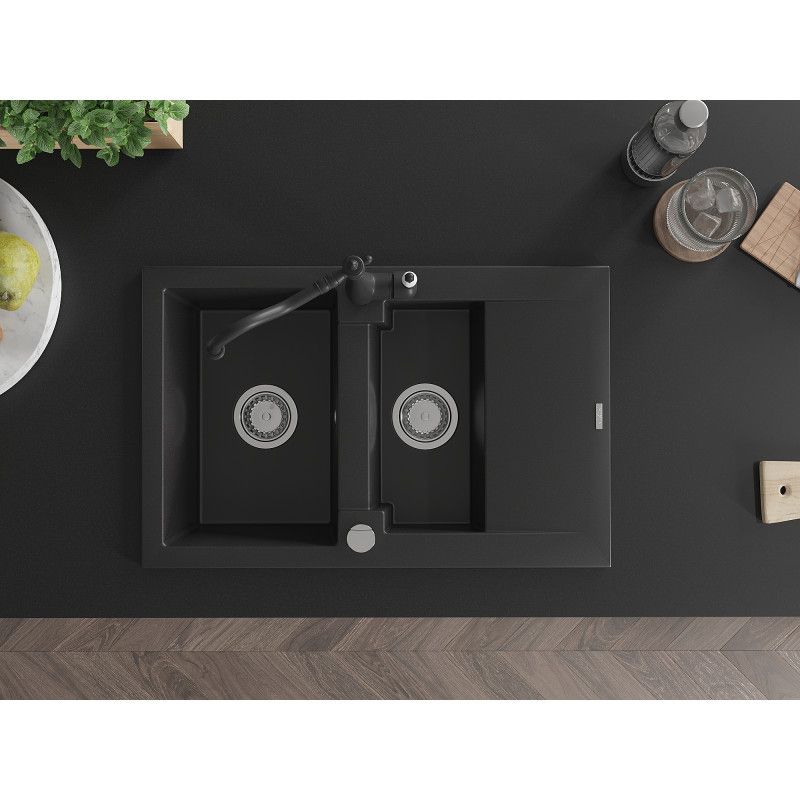 Mexen Gaspar 1,5-kammers granitvask med afløbsplade og Carla køkkenarmatur i sort, 1 sæt