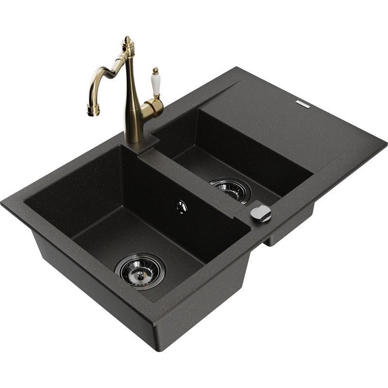 Granitsænke Mexen Gaspar 1,5-kammer med afløbsplade og Carla køkkenarmatur i sort/guldmetallic, 1 sæt