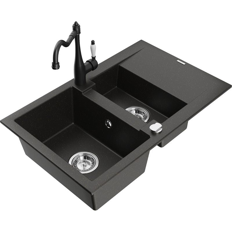 Granitsænke Mexen Gaspar 1,5-kammer med afløbsplade og Carla køkkenarmatur, sort/guldmetallic, 1 sæt