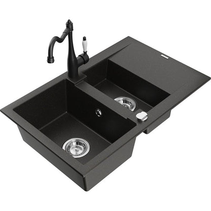 Granitsænke Mexen Gaspar 1,5-kammer med afløbsplade og Carla køkkenarmatur, sort/guldmetallic, 1 sæt