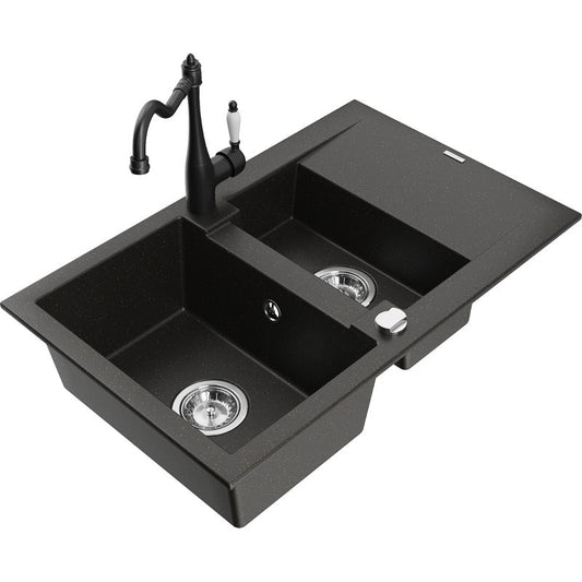 Granitsænke Mexen Gaspar 1,5-kammer med afløbsplade og Carla køkkenarmatur, sort/guldmetallic, 1 sæt