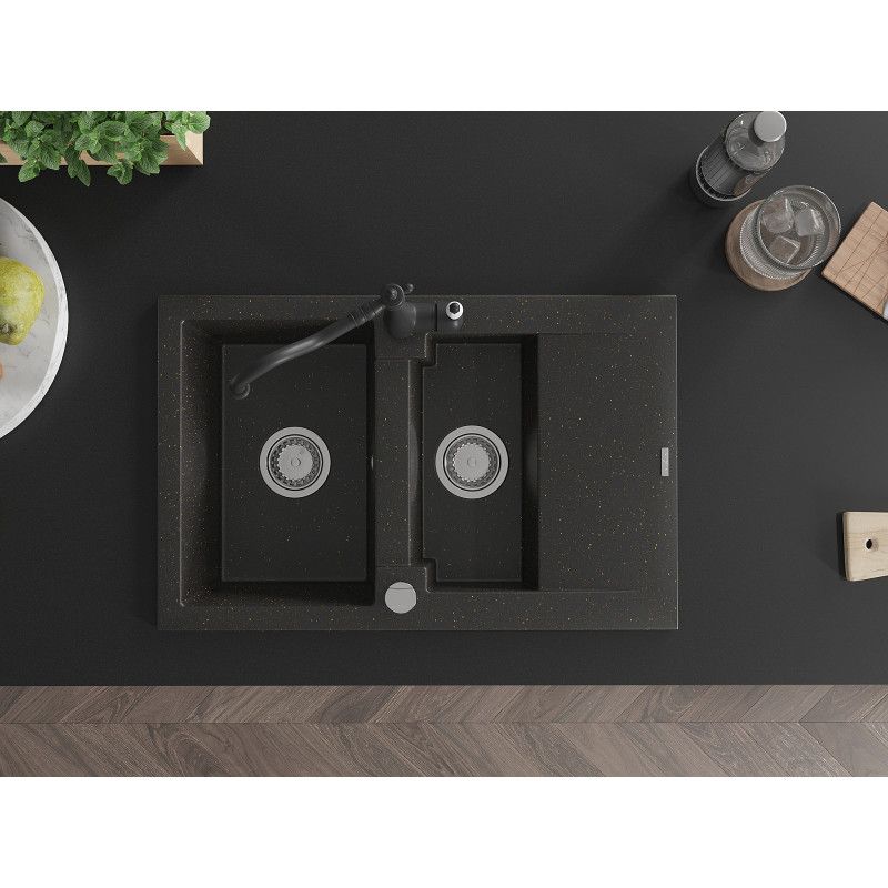 Granitsænke Mexen Gaspar 1,5-kammer med afløbsplade og Carla køkkenarmatur, sort/guldmetallic, 1 sæt