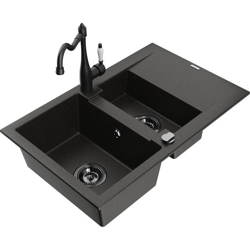 Granitsink 1,5-kammers Mexen Gaspar med afløbsbakke og Carla køkkenarmatur, sort/guldmetallic, 1 sæt