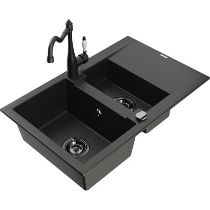 Granitsink 1,5-kammers Mexen Gaspar med afløbsbakke og Carla køkkenarmatur, sort/guldmetallic, 1 sæt