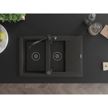 Granitsink 1,5-kammers Mexen Gaspar med afløbsbakke og Carla køkkenarmatur, sort/guldmetallic, 1 sæt