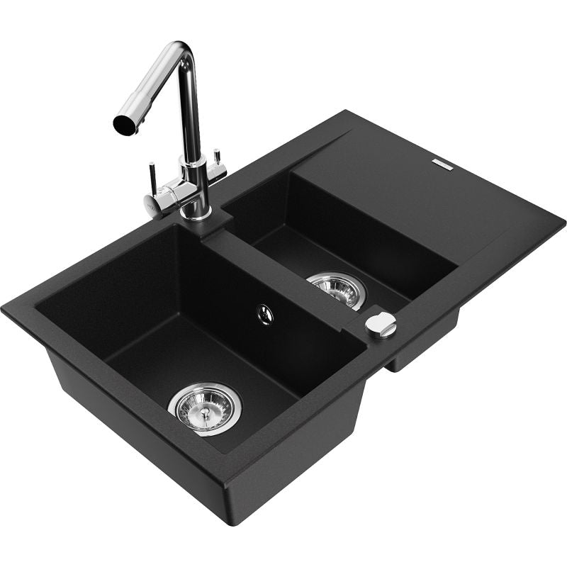 Mexen Gaspar granitvask 1,5-kammers med afløbsplade og Duero køkkenarmatur i sort, komplet sæt