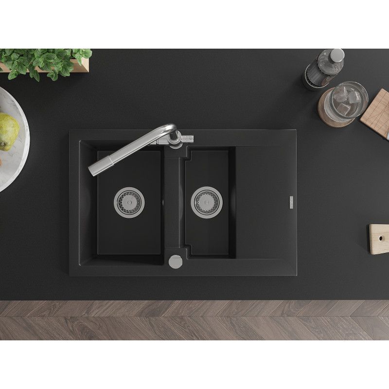 Mexen Gaspar granitvask 1,5-kammers med afløbsplade og Duero køkkenarmatur i sort, komplet sæt