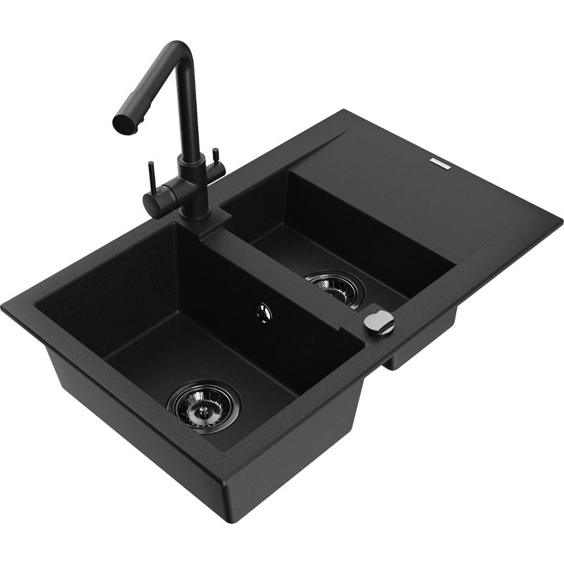 Granitsænke 1,5-kammers Mexen Gaspar med afløbsplade og Duero køkkenarmatur i sort, 1 sæt