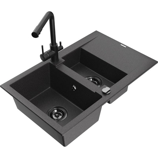 Mexen Gaspar granitvask 1,5-kammers med afløbsplade og Duero køkkenarmatur, sort med prikker, 1 sæt