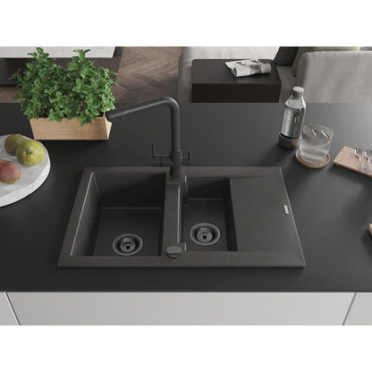 Mexen Gaspar granitvask 1,5-kammers med afløbsplade og Duero køkkenarmatur, sort med prikker, 1 sæt