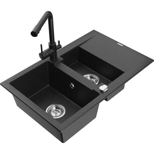 Granitvask 1,5-kammer Mexen Gaspar med afløbsbakke og Duero køkkenarmatur sort/sølv 1 sæt