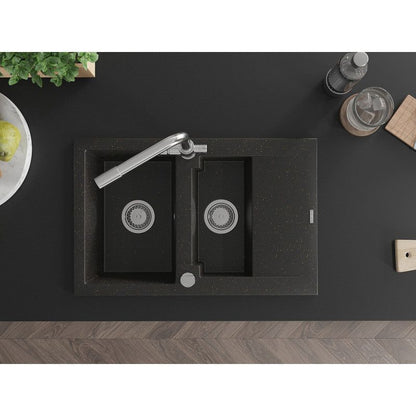 Granitsæbe 1,5-kammer Mexen Gaspar med afløbsbakke og køkkenarmatur Duero i sort/guld metalik, 1 sæt