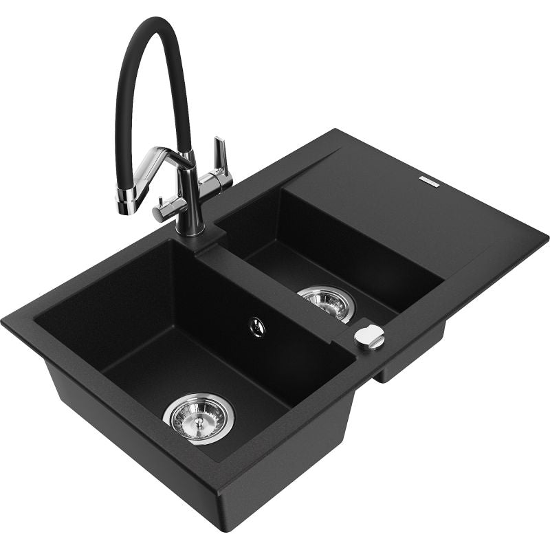 Granitsænke Mexen Gaspar 1,5-kammers med afløbsbakke og Duo køkkenarmatur i sort, 1 sæt